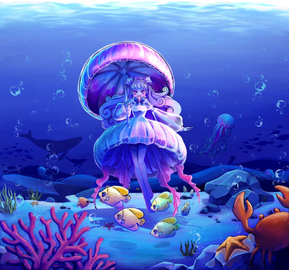 Character illustration in a underwater setting surrounded by fish